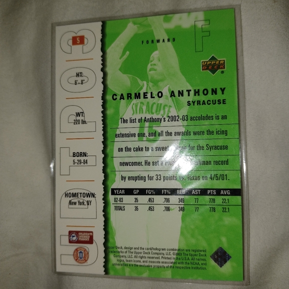 2 - [2003] Upper Deck Carmelo Anthony #5 Top Prospects Basketball Card {NCAA} - Picture 6 of 6